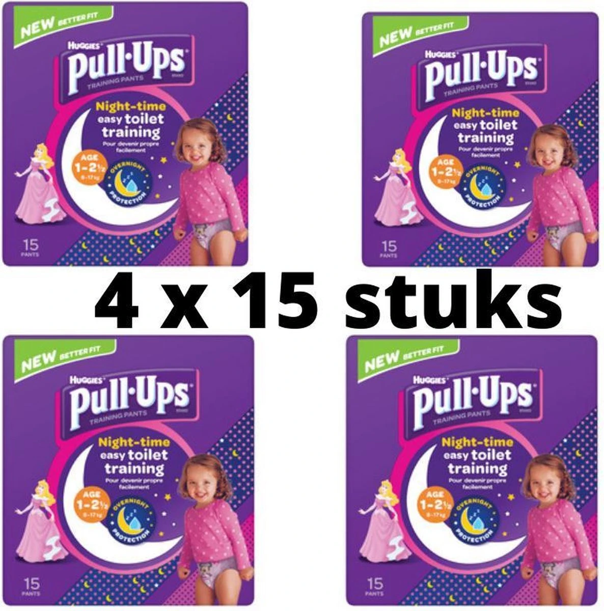 Huggies - Pull-ups - Pampers -4 X 15 Broekjes - Cinderella -1 Tot 2.5 Jaar - 8 - 17 Kg Optrekluiers - Toilettraining - Luiers 3 Huggies - Pull-ups - Pampers -4 X 15 Broekjes - Cinderella -1 Tot 2.5 Jaar - 8 - 17 Kg Optrekluiers - Toilettraining - Luiers