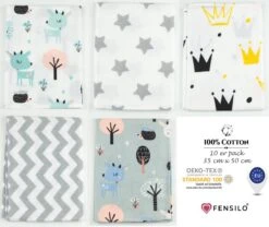 Spuugdoekjes – Monddoekjes – 10 Pack - Flanellen Doeken - Monddoekje 35x50cm – 100% Katoen – Fensilo – Spuugdoek Unisex – Wit – Dieren - Grijs - Flanellen Luiers -Winkel Voor Babyverzorgingsproducten 1200x1011 4