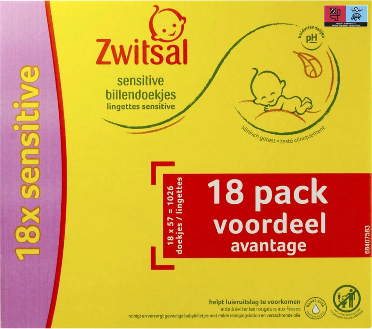 Zwitsal - Billendoekjes Sensitive - 18 X 57 - 1026 Babydoekjes 6 Zwitsal - Billendoekjes Sensitive - 18 X 57 - 1026 Babydoekjes - Afbeelding 4