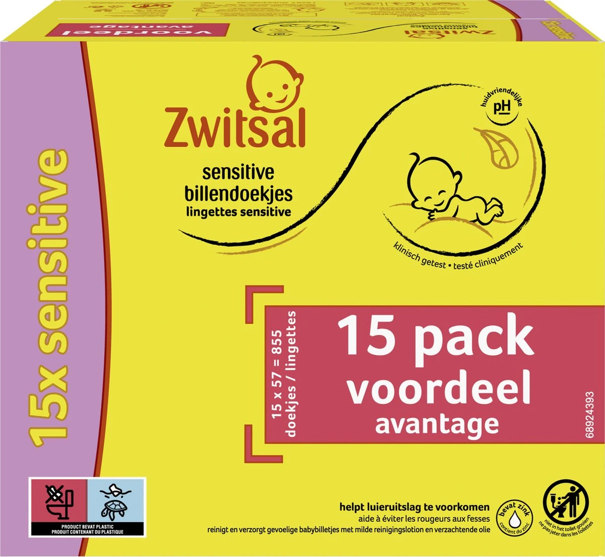 Zwitsal Sensitive Billendoekjes Alcoholvrij - 855 Doekjes - Voordeelverpakking 4 Zwitsal Sensitive Billendoekjes Alcoholvrij - 855 Doekjes - Voordeelverpakking - Afbeelding 2