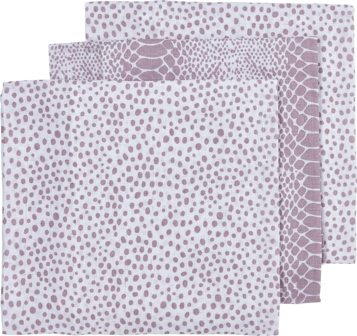 Meyco Cheetah/Snake Hydrofiele Doeken 3-pack - Lilac - 70x70cm 3 Meyco Cheetah/Snake Hydrofiele Doeken 3-pack - Lilac - 70x70cm