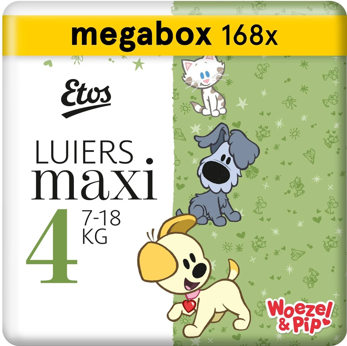 Etos Woezel & Pip Luiers Maxi Maat 4 - 7-18 Kg - Maandbox 168 Stuks (3 X 56 Stuks) 3 Etos Woezel & Pip Luiers Maxi Maat 4 - 7-18 Kg - Maandbox 168 Stuks (3 X 56 Stuks)