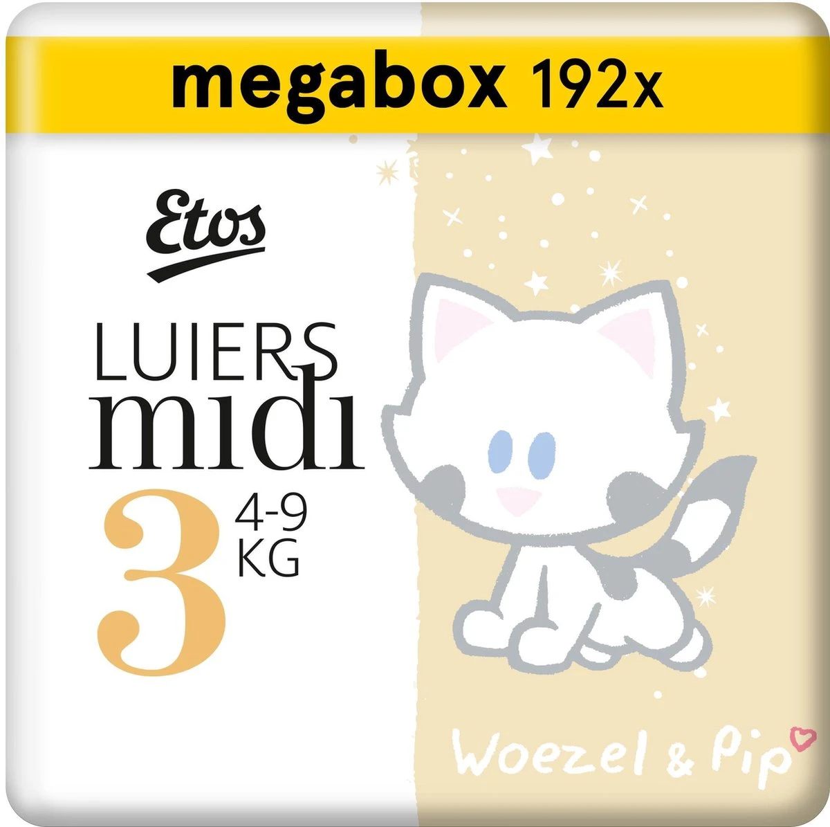Etos Woezel Pip - Luiers Maat 3 4-9 Kg - Maandbox 192 Stuks 3 X 64 Stuks 3 Etos Woezel Pip - Luiers Maat 3 4-9 Kg - Maandbox 192 Stuks 3 X 64 Stuks