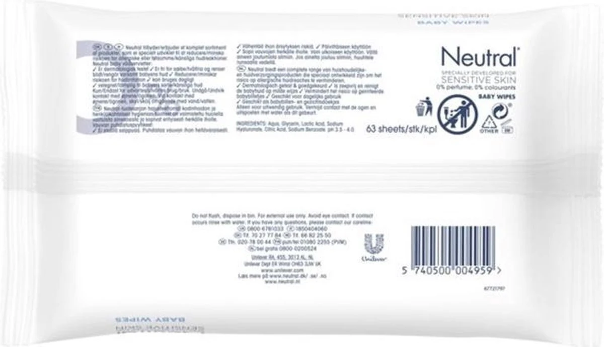 Neutral - Baby Billendoekjes - 16 X 63 Stuks - 0% Parfum 5 Neutral - Baby Billendoekjes - 16 X 63 Stuks - 0% Parfum - Afbeelding 3