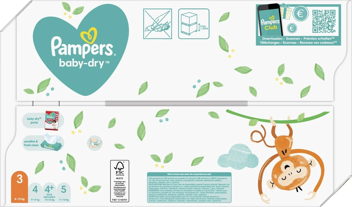 Pampers® Pampers - Baby Dry - Maat 3 - Maandbox - 208 Luiers 4 Pampers® Pampers - Baby Dry - Maat 3 - Maandbox - 208 Luiers - Afbeelding 2