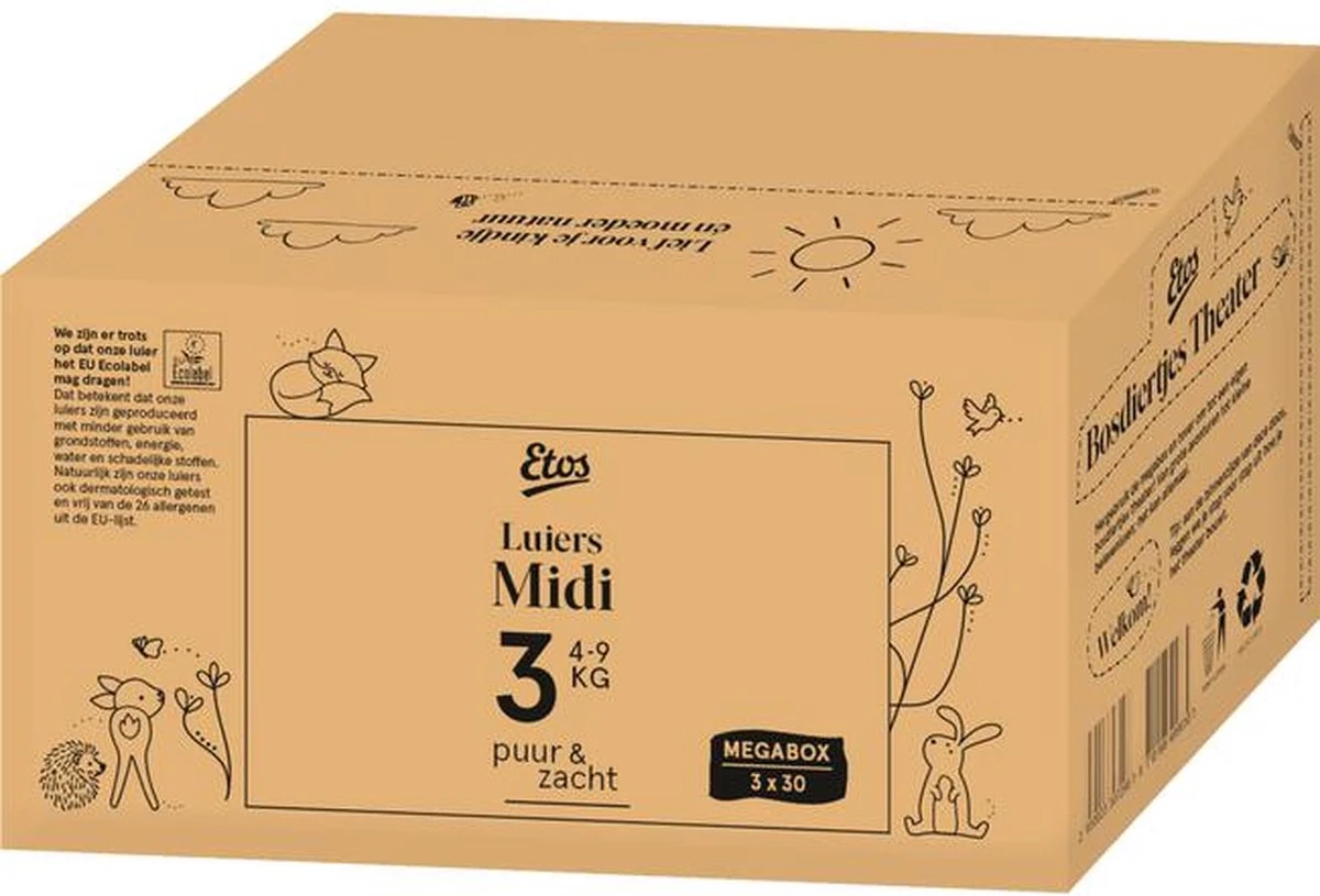 Etos Luiers Puur & Zacht - Maat 3 - 4 Tot 9kg - 90 Stuks (3x30) 4 Etos Luiers Puur & Zacht - Maat 3 - 4 Tot 9kg - 90 Stuks (3x30) - Afbeelding 2