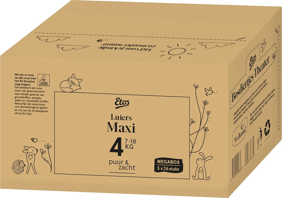 Etos Luiers Puur & Zacht - Maat 4 (7-18 Kg) - 78 Stuks (3x26) 4 Etos Luiers Puur & Zacht - Maat 4 (7-18 Kg) - 78 Stuks (3x26) - Afbeelding 2