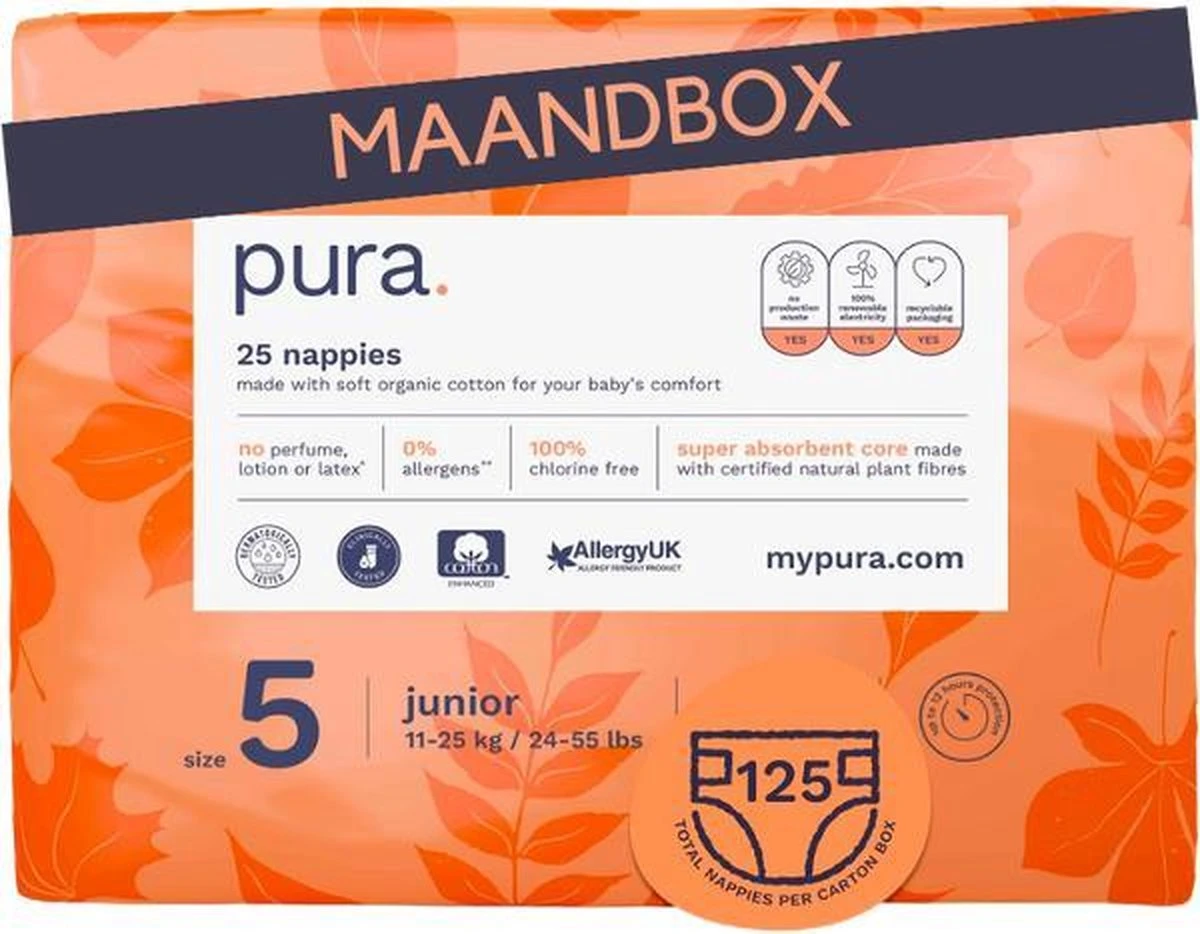 Pura Eco-Friendly Luiers Maat 5 (11-25kg), 125 Luiers 11 Pura Eco-Friendly Luiers Maat 5 (11-25kg), 125 Luiers - Afbeelding 9