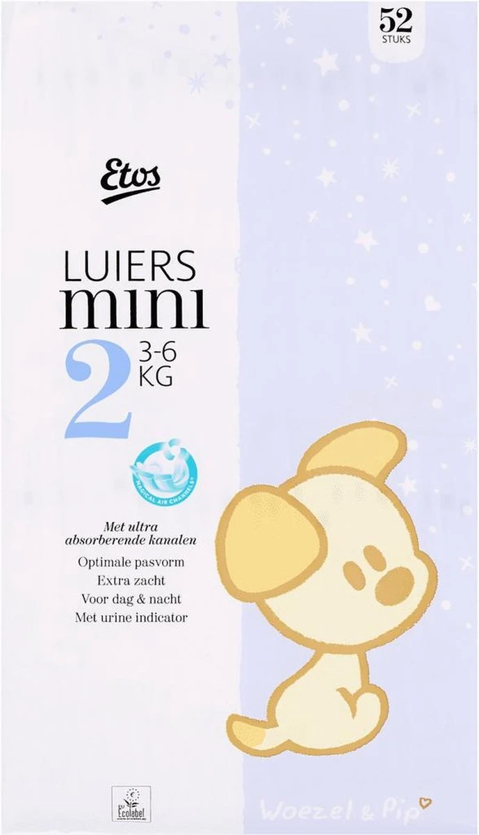 Etos Woezel & Pip Luiers Mini Maat 2 - 3-6 Kg - 156 Stuks (3 X 52 Stuks) 4 Etos Woezel & Pip Luiers Mini Maat 2 - 3-6 Kg - 156 Stuks (3 X 52 Stuks) - Afbeelding 2