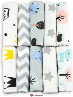 Spuugdoekjes – Monddoekjes – 10 Pack - Flanellen Doeken - Monddoekje 35x50cm – 100% Katoen – Fensilo – Spuugdoek Unisex – Wit – Dieren - Grijs - Flanellen Luiers -Winkel Voor Babyverzorgingsproducten 909x1200 2