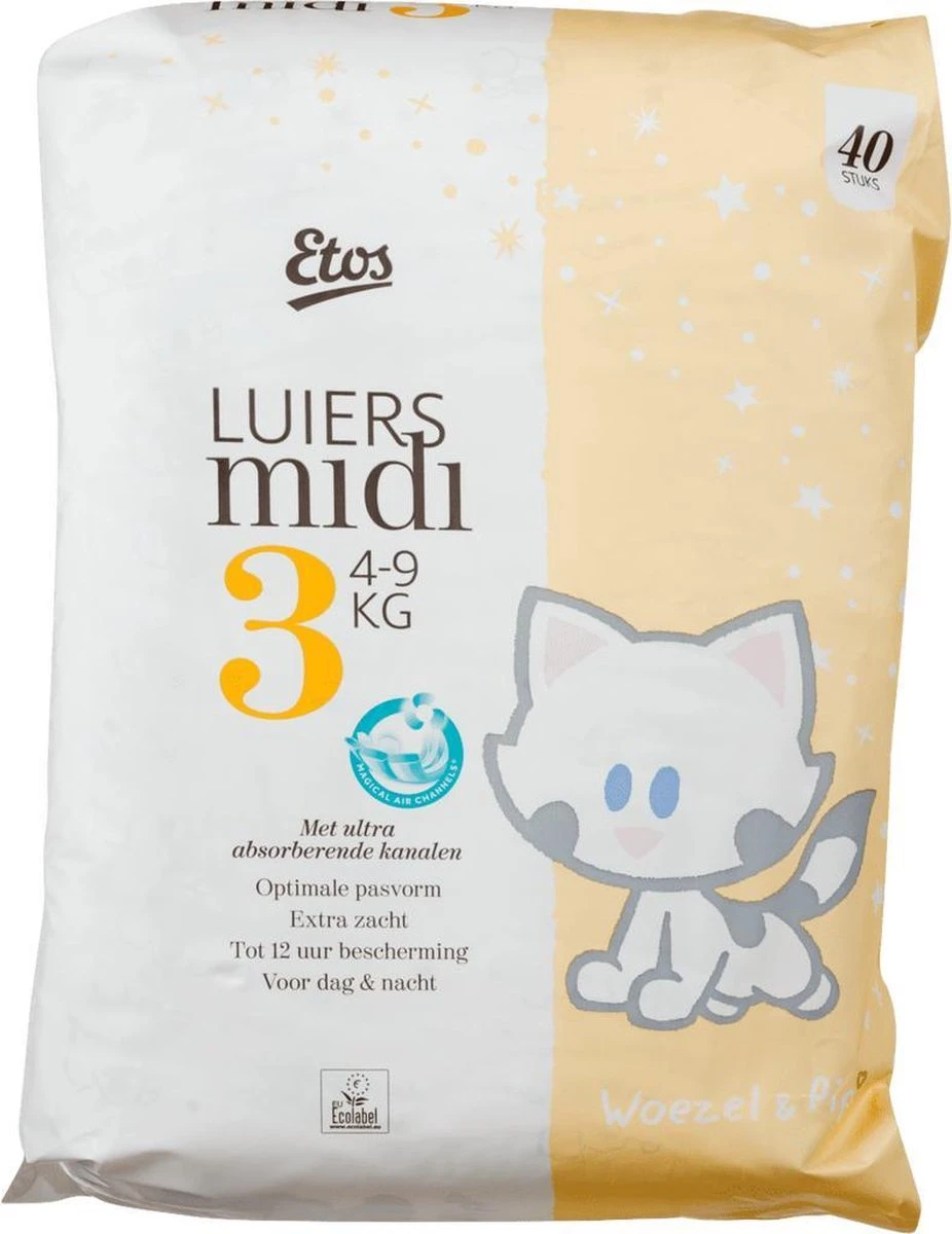 Etos Woezel & Pip Luiers - Midi - Maat 3 - 4 Tot 9kg - 120 Stuks (3x40) 4 Etos Woezel & Pip Luiers - Midi - Maat 3 - 4 Tot 9kg - 120 Stuks (3x40) - Afbeelding 2